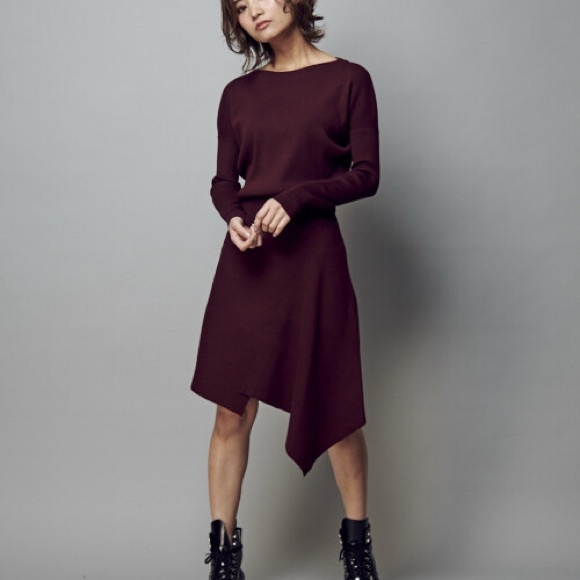 NWT All Saints Suke Midi Asymmetrical Long Sleeve Dress Wine Medium - Picture 2 of 9